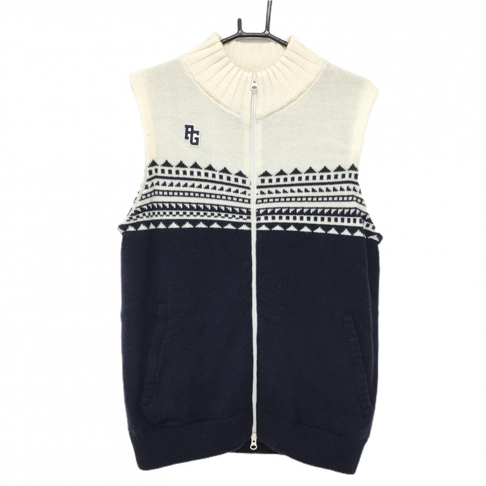 【超美品】パーリーゲイツ 中綿ニットベスト 白×ネイビー 胸元柄 ダブルジップ  メンズ 5(L) ゴルフウェア PEARLY GATES