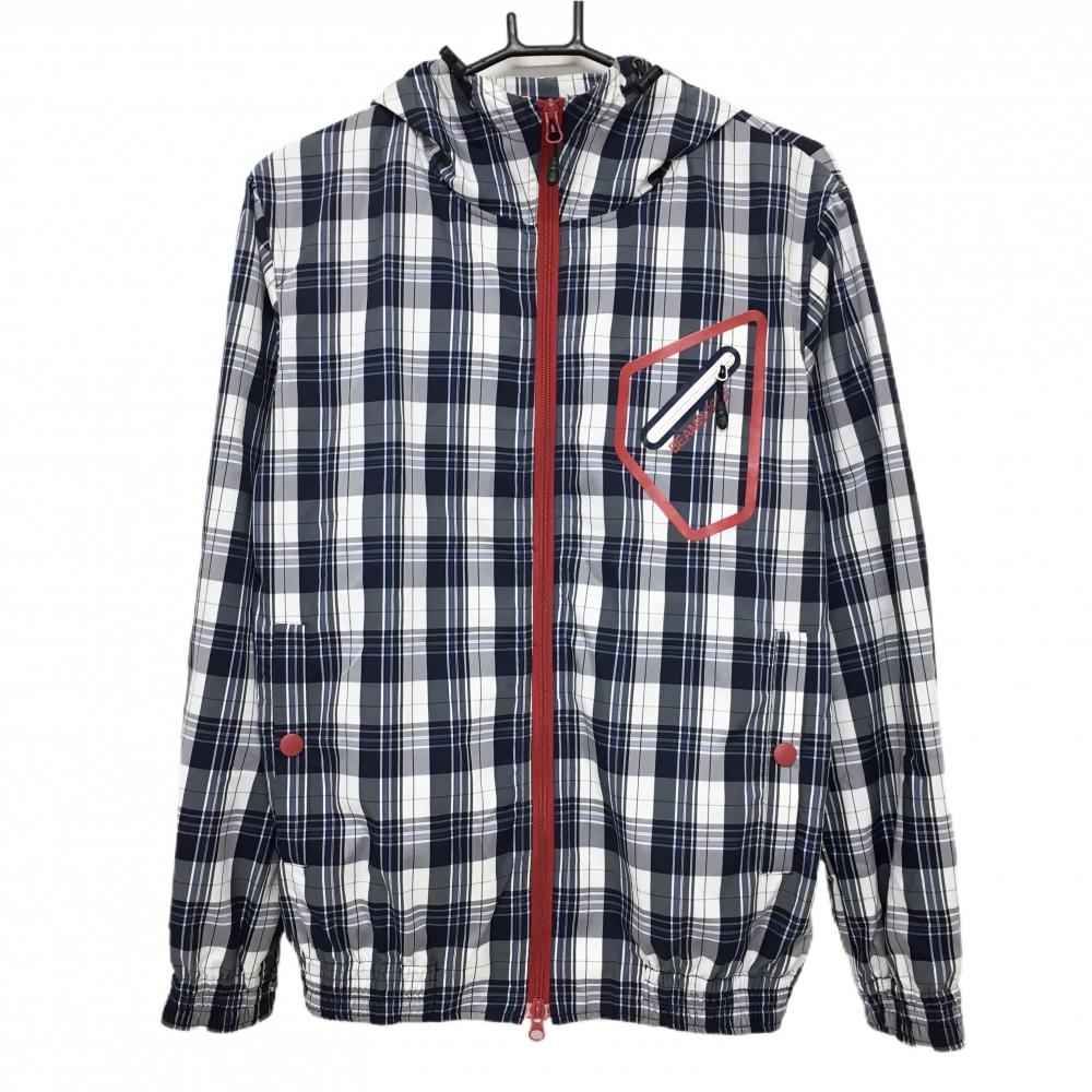 ビームスゴルフ ジップパーカー  白×ネイビー チェック 裏地メッシュ ダブルジップ  メンズ M ゴルフウェア BEAMS GOLF