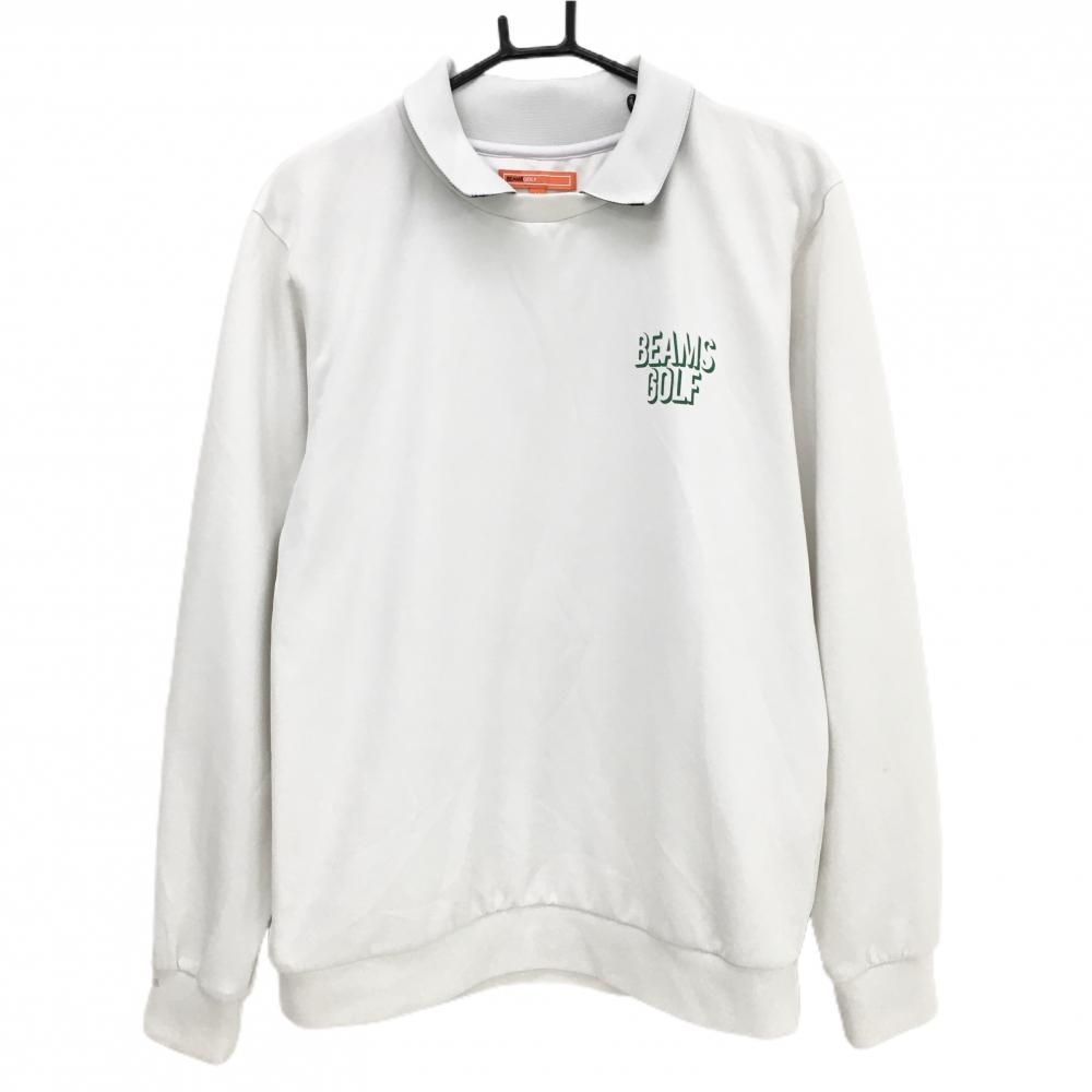 【美品】ビームスゴルフ 襟付トレーナー 白×グリーン ダンボールニット 襟裏ロゴ メンズ M ゴルフウェア BEAMS GOLF