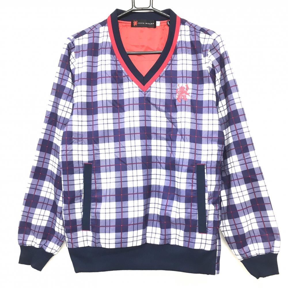 【超美品】ビバハート 中綿スニード パープル×白 チェック Vネック ブルゾン メンズ 48(M) ゴルフウェア VIVA HEART
