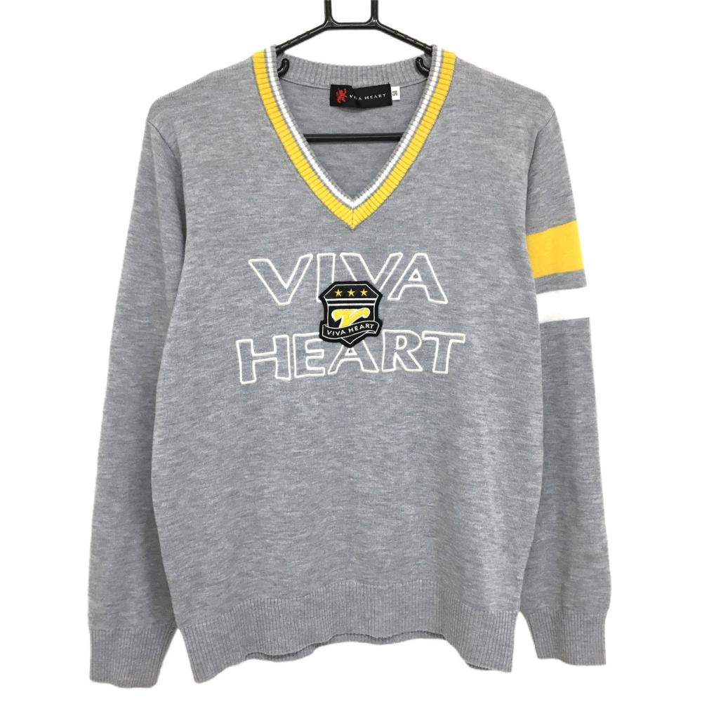 ビバハート セーター グレー×イエロー ロゴ刺しゅう Vネック メンズ 50(L) ゴルフウェア VIVA HEART