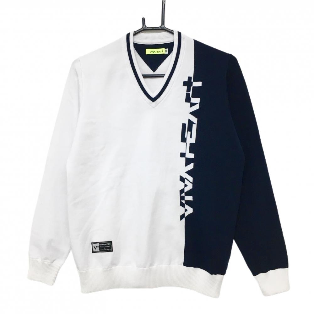 【美品】ビバハート セーター 白×黒 フロントロゴ ポリエステル100％ ニット メンズ 48(M) ゴルフウェア VIVA HEART