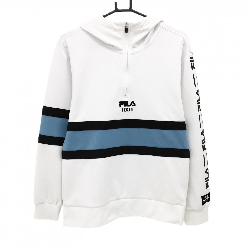 【超美品】フィラゴルフ フード付トレーナー 白×ネイビー ハーフジップ 袖・腹部切替  メンズ M ゴルフウェア FILA GOLF
