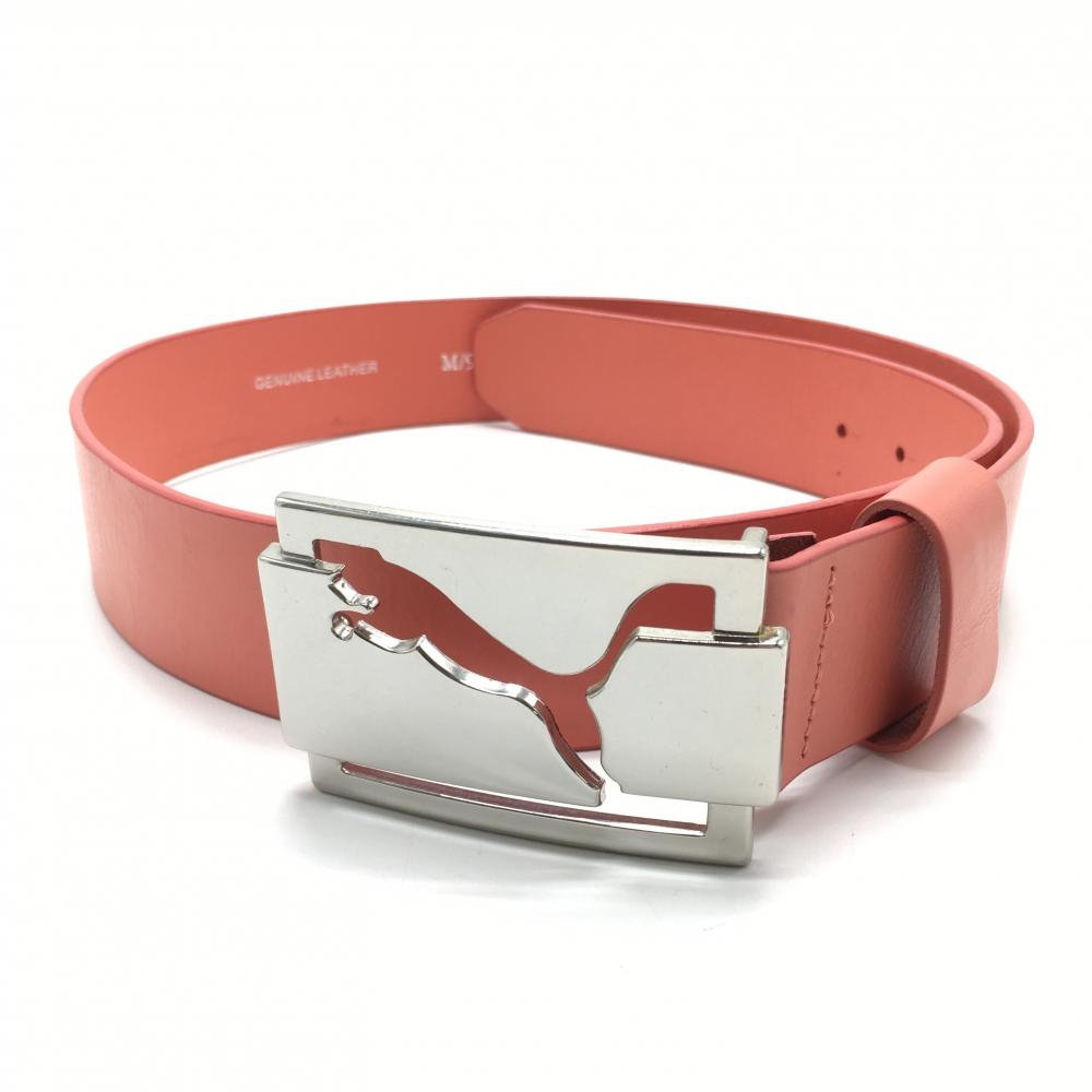 【美品】プーマ トップ式レザーベルト サーモンピンク シルバーロゴバックル 内側擦れ メンズ M ゴルフウェア PUMA