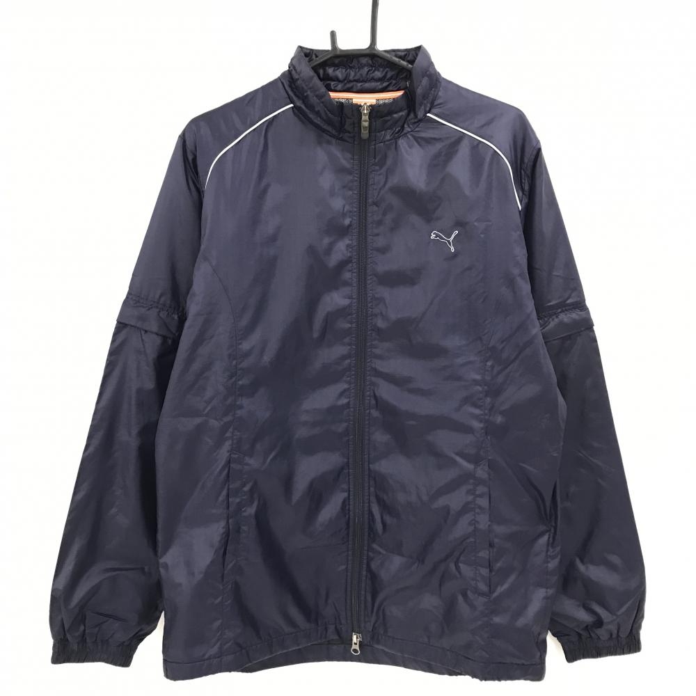 【美品】プーマ 2WAY中綿ジャケット ダークネイビー 肩パイピングライン 袖着脱可 ロゴ刺しゅう 収納袋付き メンズ O ゴルフウェア PUMA