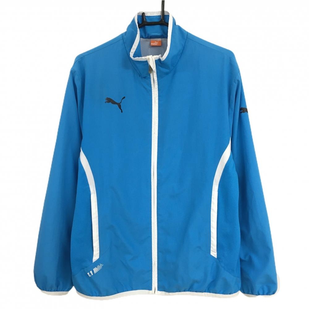 プーマ ジャケットブルゾン ライトブルー×白 サイド切替 裏地メッシュ ロゴプリント メンズ L ゴルフウェア PUMA