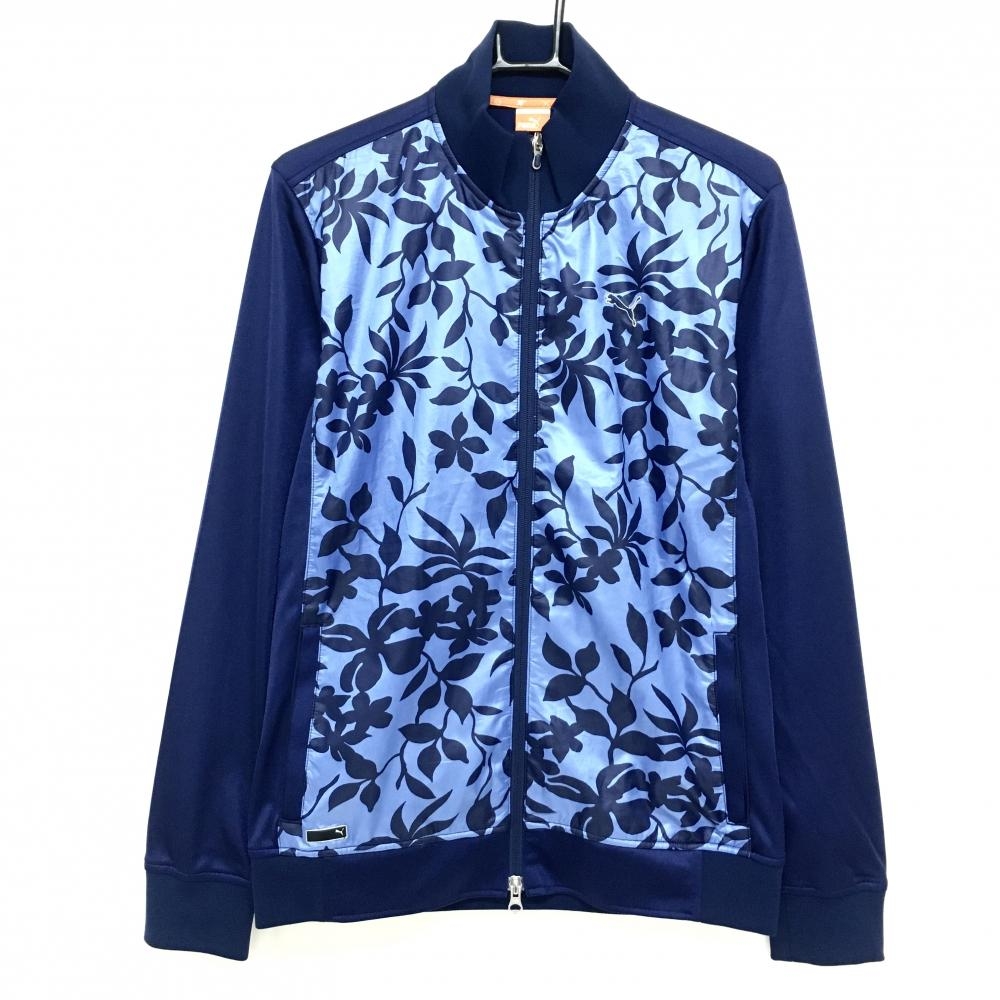 【超美品】プーマ ジャケットブルゾン ネイビー×ブルー フロントリーフ柄 ロゴ刺しゅう  メンズ M ゴルフウェア PUMA