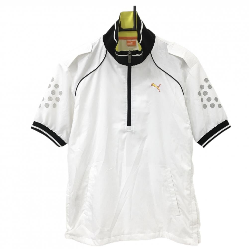 プーマ 半袖ブルゾン 白×黒 ハーフジップ ロゴ刺しゅう 裾ドローコード メンズ M ゴルフウェア PUMA