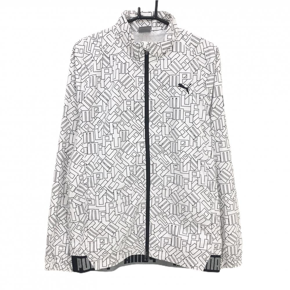 【超美品】プーマ ジャケット 白×黒 英字総柄 裏地メッシュ 薄手 背面一部リブ メンズ XL ゴルフウェア PUMA