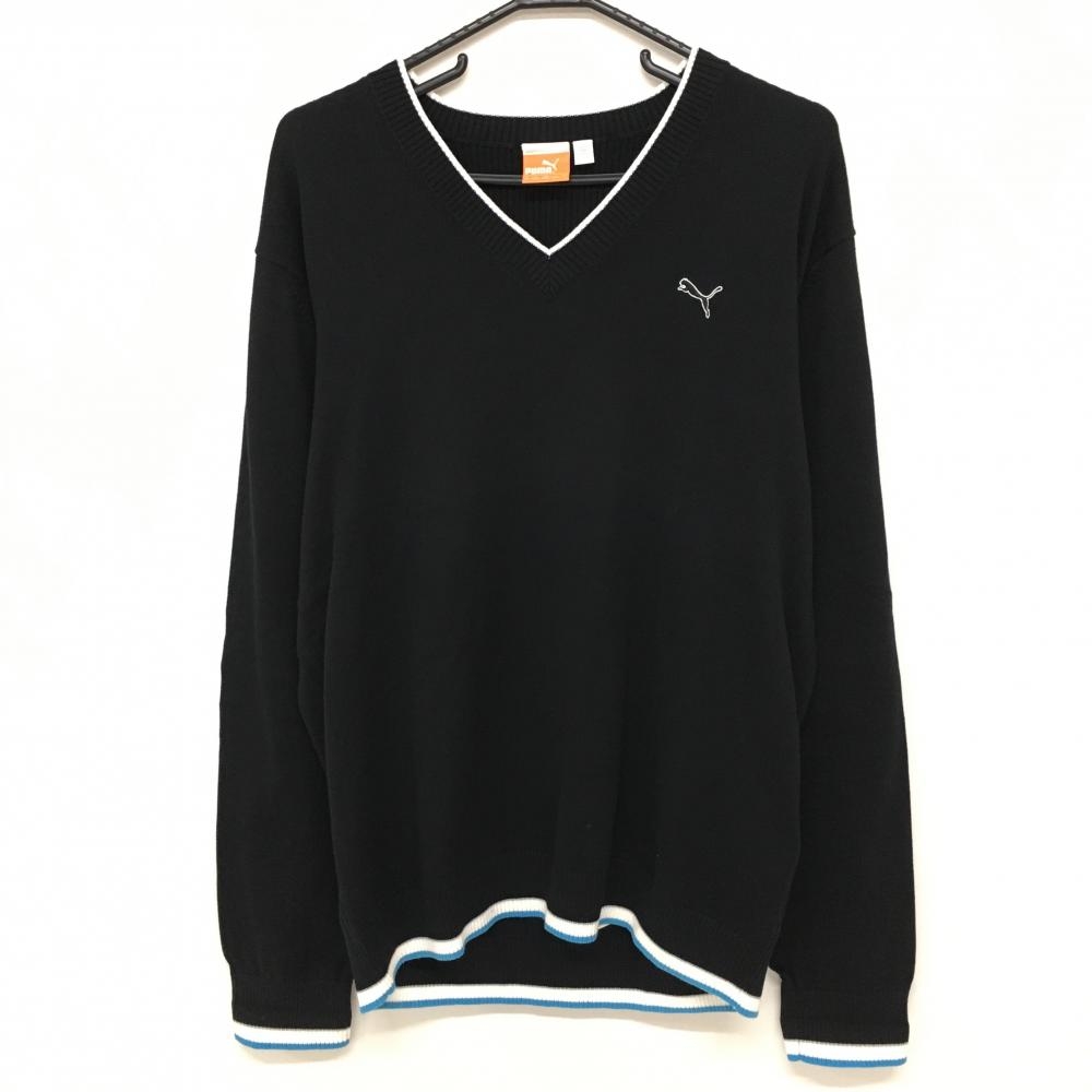 【美品】プーマ セーター 黒×白 Vネック コットン100％ ニット メンズ US-M ゴルフウェア PUMA