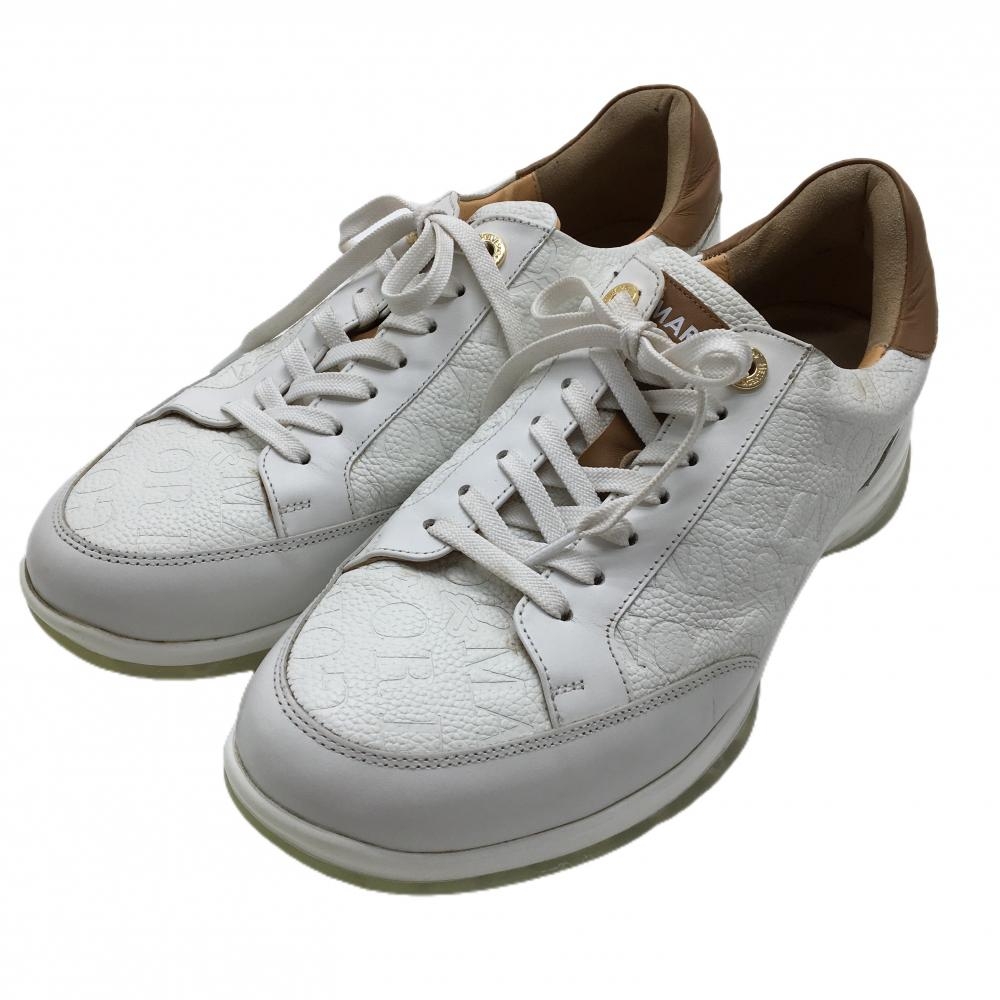 【美品】マークアンドロナ ゴルフシューズ 白×ブラウン 英字柄 HELVESKO スパイクレス メンズ 27.0 ゴルフウェア MARK＆LONA