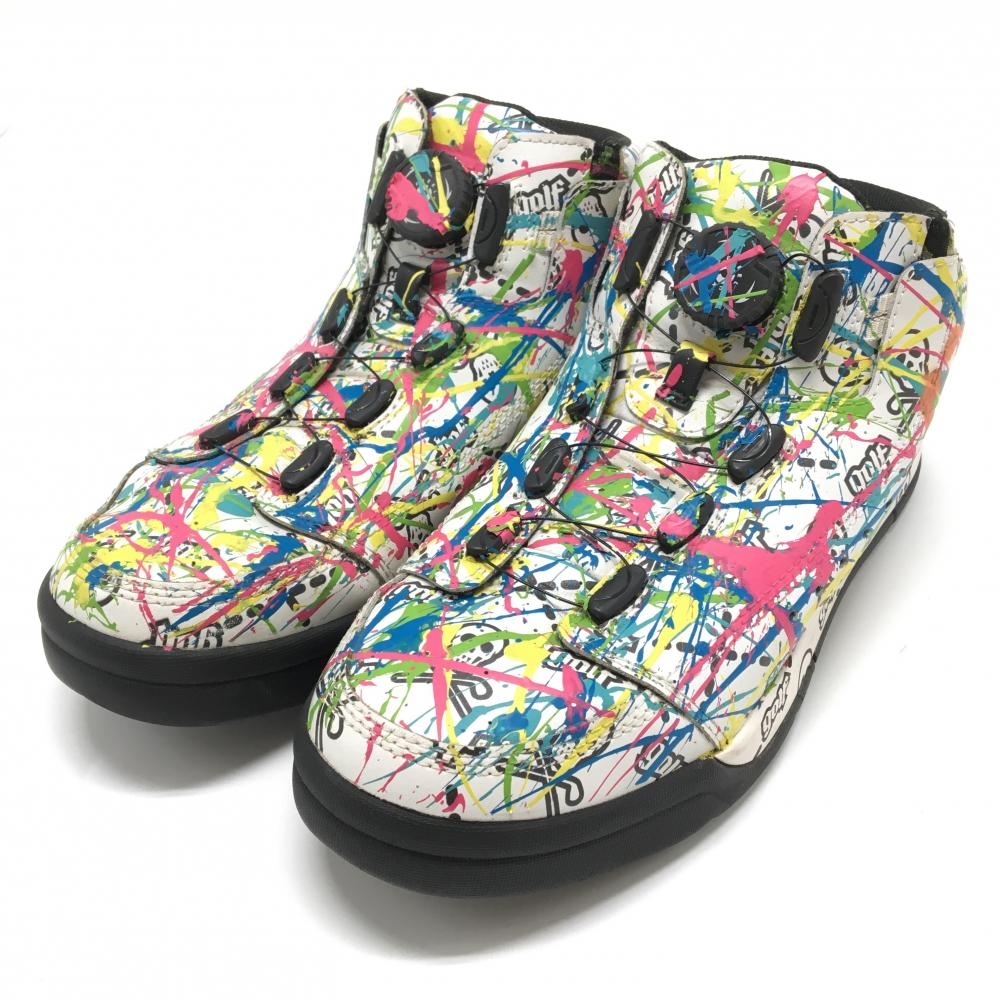 【美品】マークアンドロナ×gravis ハイカットゴルフシューズ 白×マルチカラー ペイント柄 スカル メンズ 25.5 ゴルフウェア MARK＆LONA