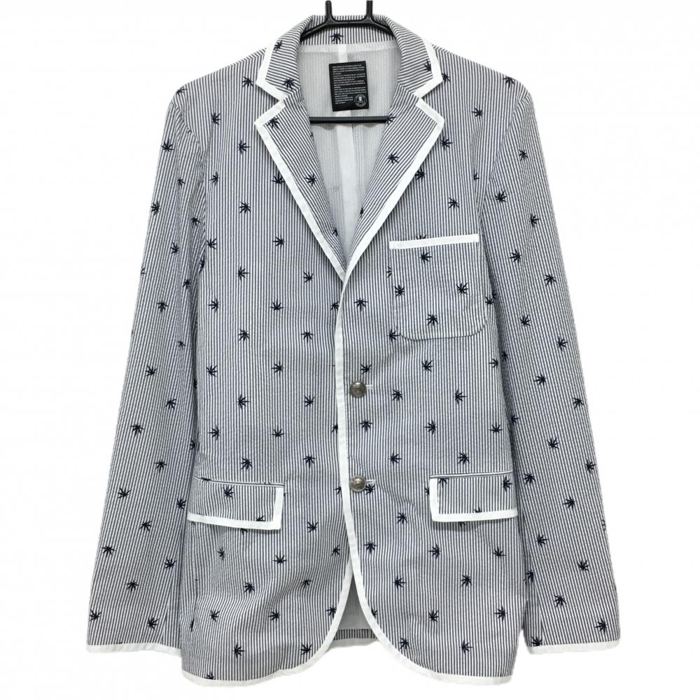 マークアンドロナ テーラードジャケット 白×ライトグレー ストライプ 刺しゅう柄 裏地メッシュ メンズ XL ゴルフウェア MARK＆LONA