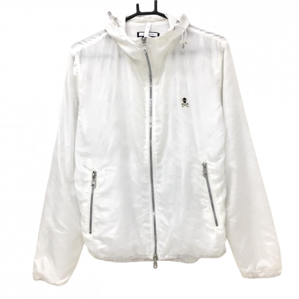 【美品】マークアンドロナ ナイロンパーカー 白 迷彩地模様 カモフラ 裏メッシュ 薄手 スカル メンズ 44(S) ゴルフウェア MARK＆LONA