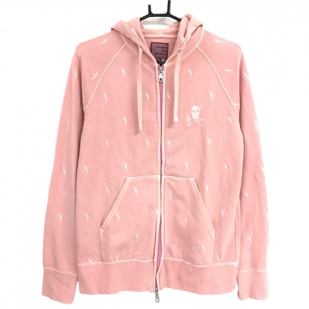 マークアンドロナ ジップパーカー ピンク×白 スカル刺しゅう総柄 ジャケット  メンズ M ゴルフウェア MARK＆LONA
