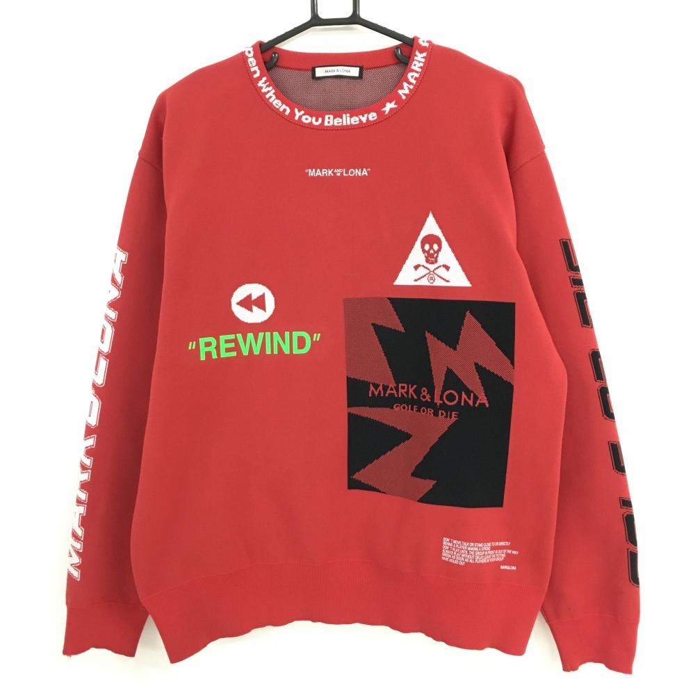 マークアンドロナ セーター レッド×白 スカル ロゴ ニット  メンズ 50(XL) ゴルフウェア MARK＆LONA