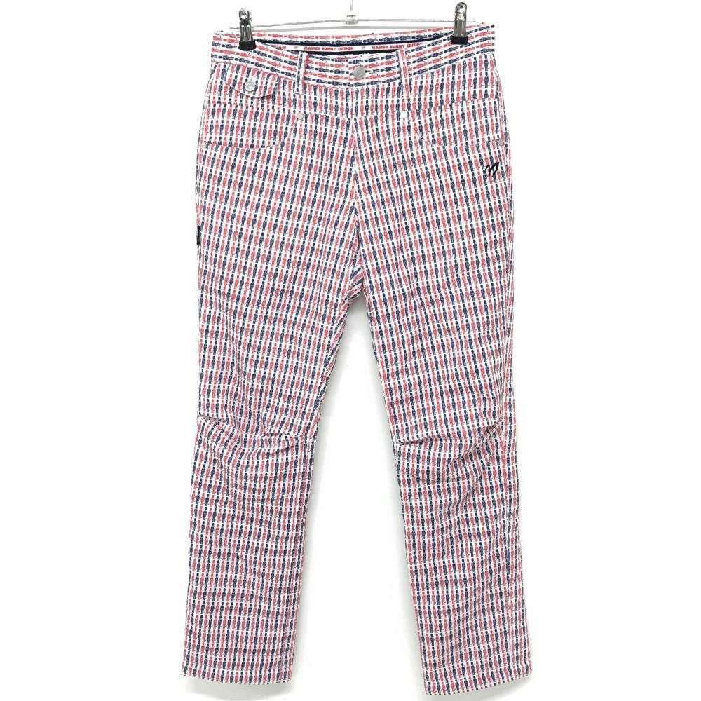 【美品】マスターバニー 中綿ナイロンパンツ 白×レッド×ネイビー 兵隊柄 蓄熱裏地 メンズ 4(M) ゴルフウェア MASTER BUNNY EDITION