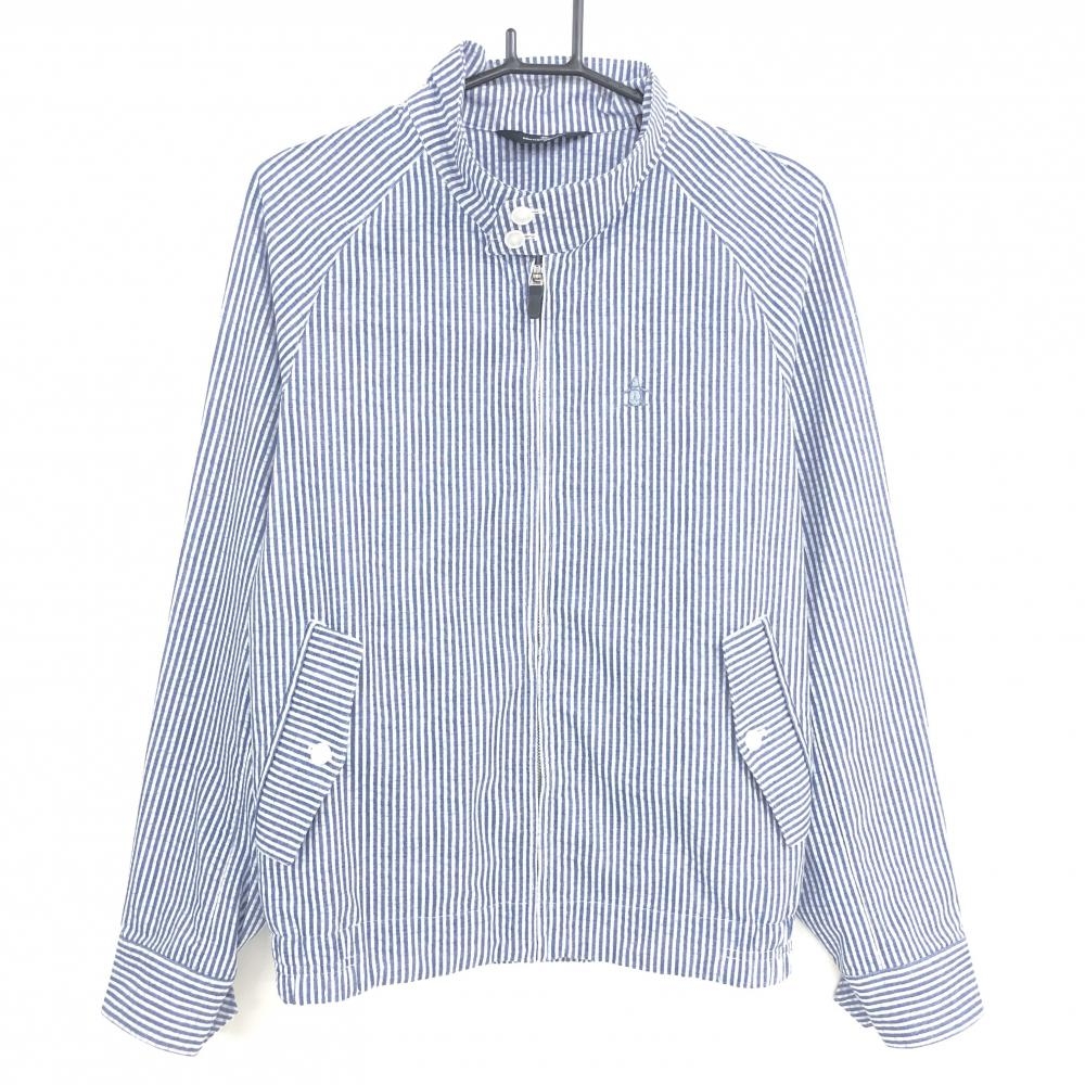 【美品】マンシングウェア ジャケットブルゾン ブルーグレー×白 ストライプ メンズ M ゴルフウェア Munsingwear