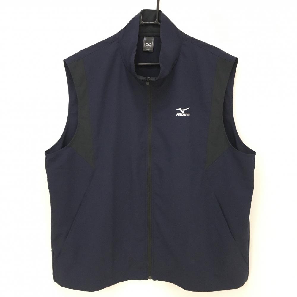 【超美品】ミズノ アウターベスト ネイビー×黒 ロゴプリント  メンズ 4L ゴルフウェア 大きいサイズ MIZUNO