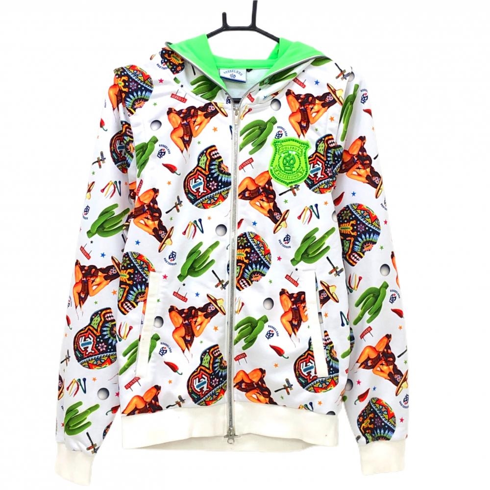 【美品】ラッセルノ 2WAYジップパーカー 白×マルチカラー スカル・サボテン総柄 袖着脱可 メンズ 4(M) ゴルフウェア RUSSELUNO