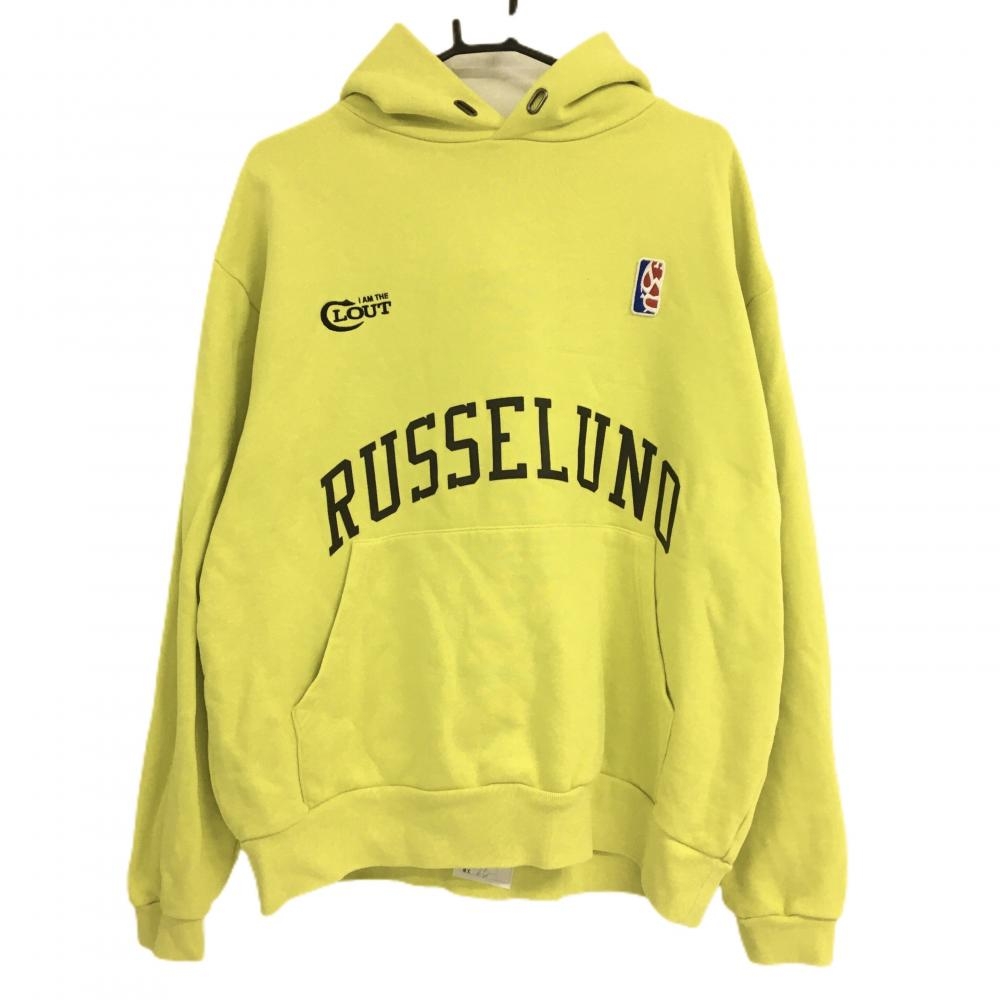【美品】ラッセルノ パーカー ライムイエロー ルチャワッペン ポケット付 綿100％ トレーナー  メンズ 5(L) ゴルフウェア RUSSELUNO