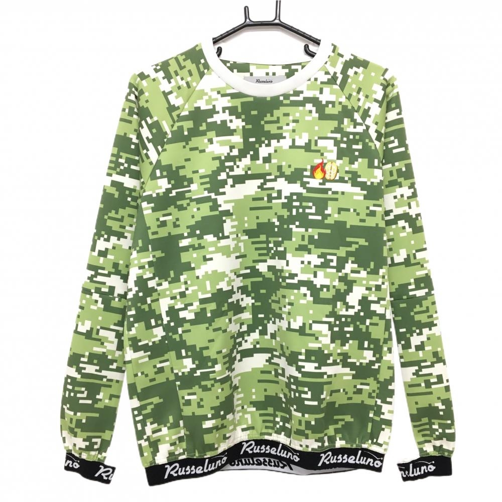 【美品】ラッセルノ トレーナー グリーン×白 デジタルカモフラ風 ルチャ ダンボールニット調 メンズ 4(M) ゴルフウェア RUSSELUNO