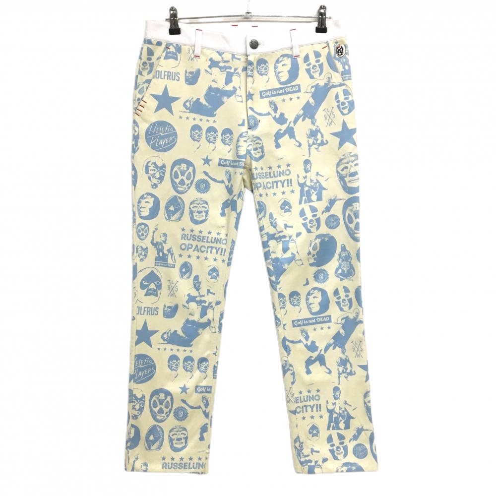 【美品】ラッセルノ パンツ アイボリー×ライトブルー ルチャ総柄 裏起毛 メンズ 5(L) ゴルフウェア RUSSELUNO