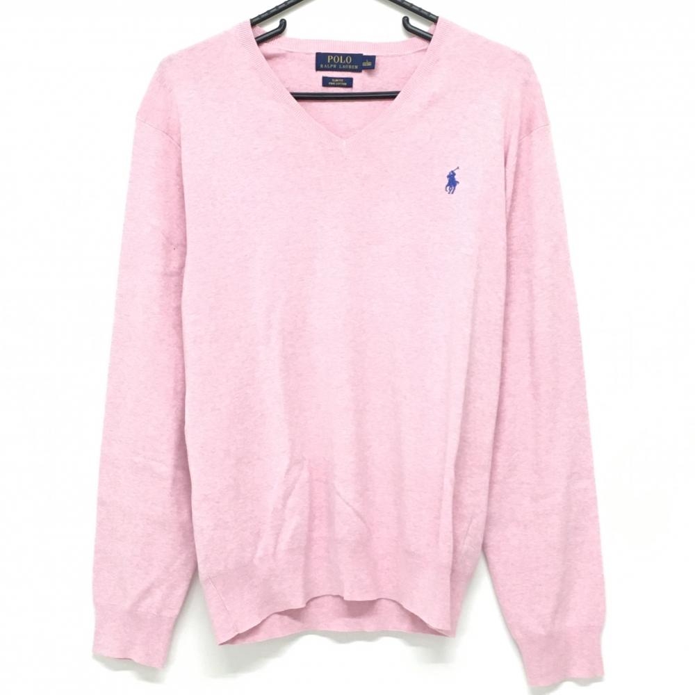 【超美品】ポロゴルフ セーター 杢ピンク コットン100% ポニー刺しゅう ニット メンズ L ゴルフウェア Ralph Lauren