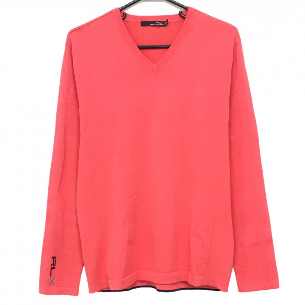 【超美品】RLXラルフローレン セーター レッドピンク コットン混 Vネック ニット  メンズ M ゴルフウェア Ralph Lauren