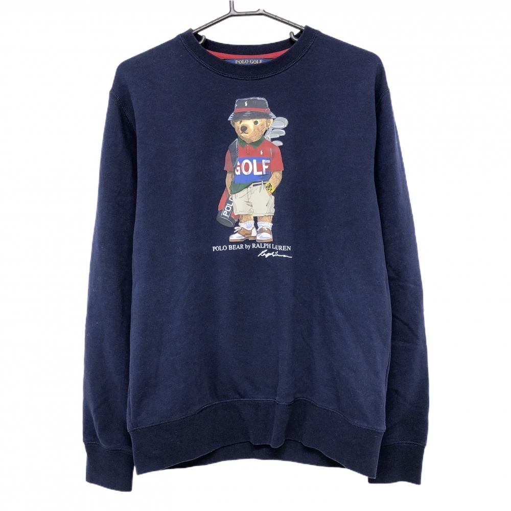 【美品】ポロゴルフラルフローレン トレーナー ネイビー×レッド ポロベア 裏起毛 スウェット WICKING メンズ M ゴルフウェア Ralph Lauren