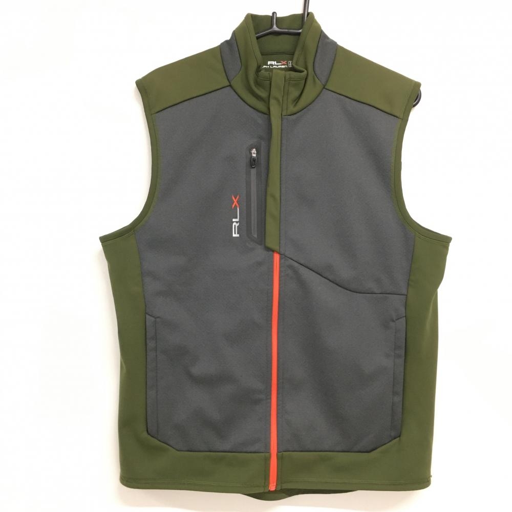 【美品】RLXラルフローレン アウターベスト グレー×グリーン サイド裏起毛 メンズ M ゴルフウェア Ralph Lauren