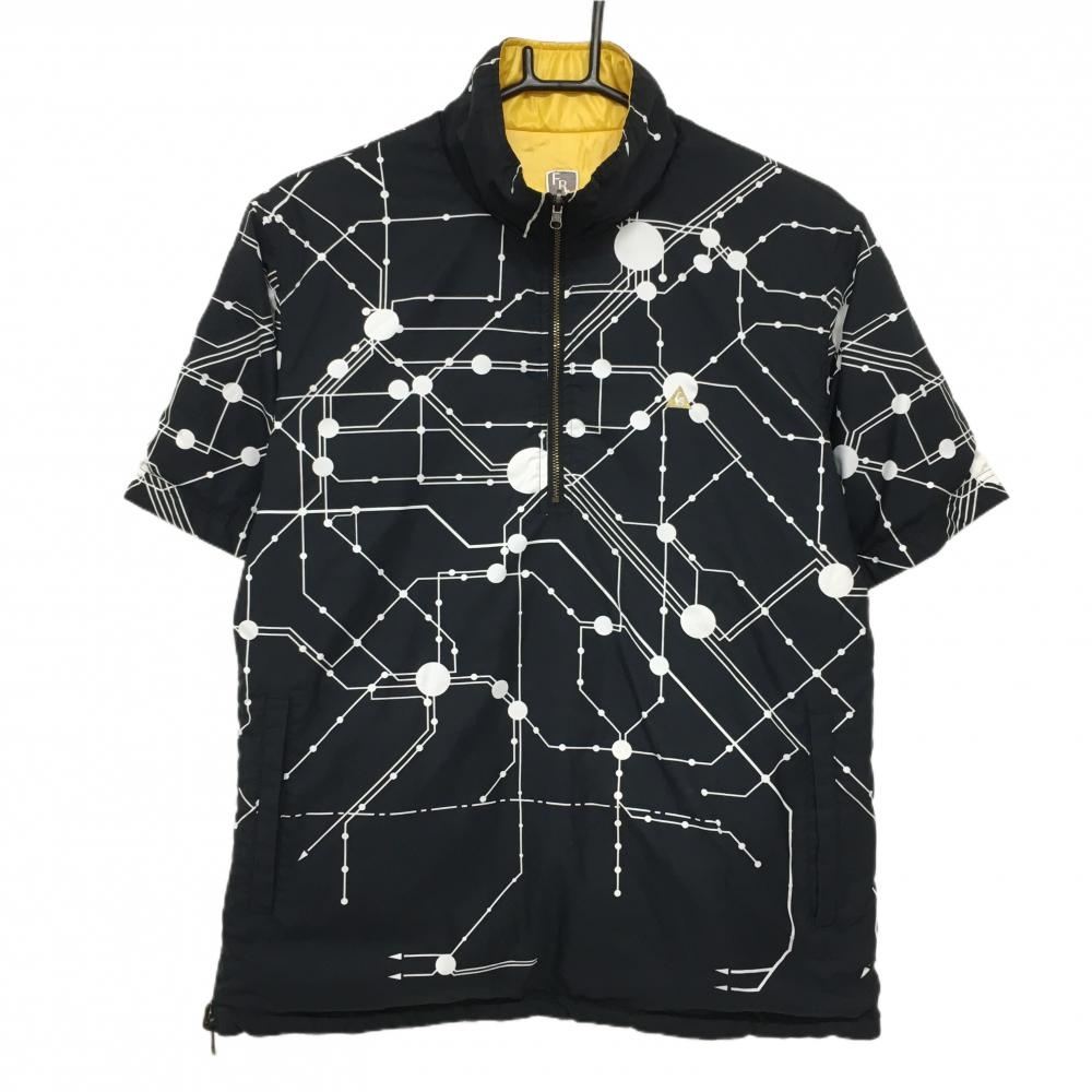 ルコックゴルフ 中綿半袖ブルゾン 黒×白 総柄 裏イエロー無地 ハーフジップ  メンズ M ゴルフウェア le coq sportif