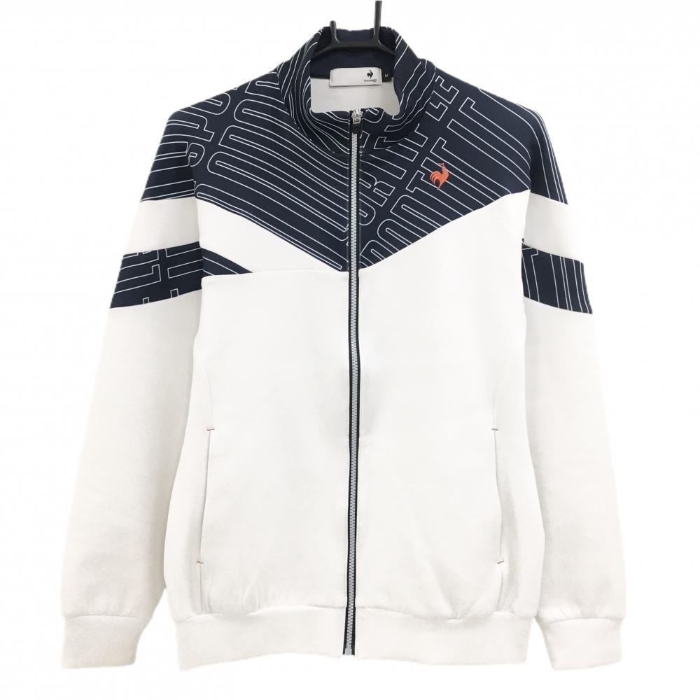 【美品】ルコック ジャケットブルゾン 白×ネイビー ストレッチ  メンズ M ゴルフウェア le coq sportif