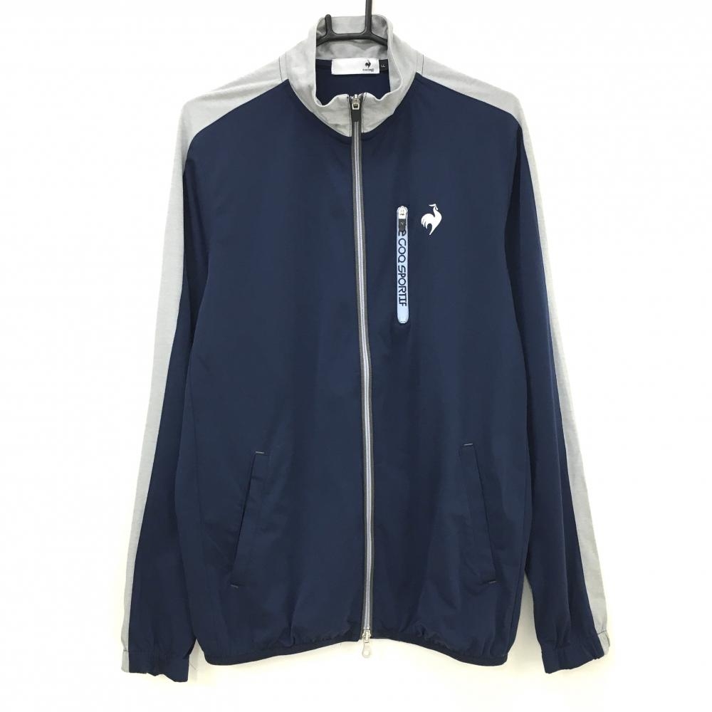 【美品】ルコックゴルフ ジャケット ネイビー×グレー 袖ライン ロゴ白 メンズ LL ゴルフウェア le coq sportif