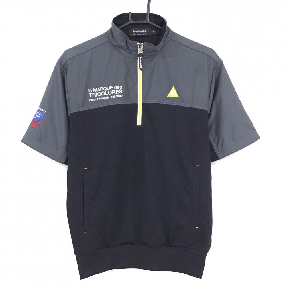 【超美品】ルコックゴルフ 半袖ブルゾン 黒×グレー 切替 ハーフジップ ロゴ刺しゅう メンズ M ゴルフウェア le coq sportif