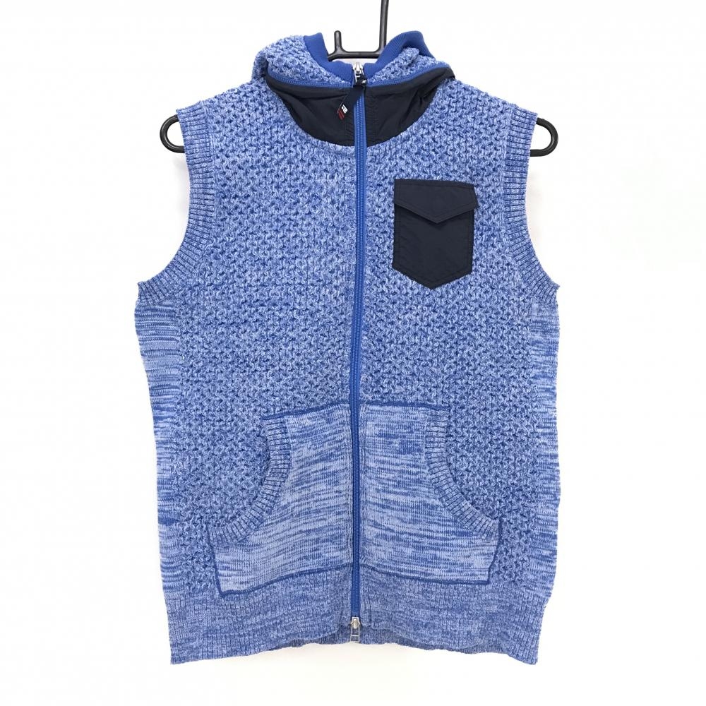 【美品】ロサーセン ジップニットベスト 杢ブルー フード付  メンズ M ゴルフウェア Rosasen