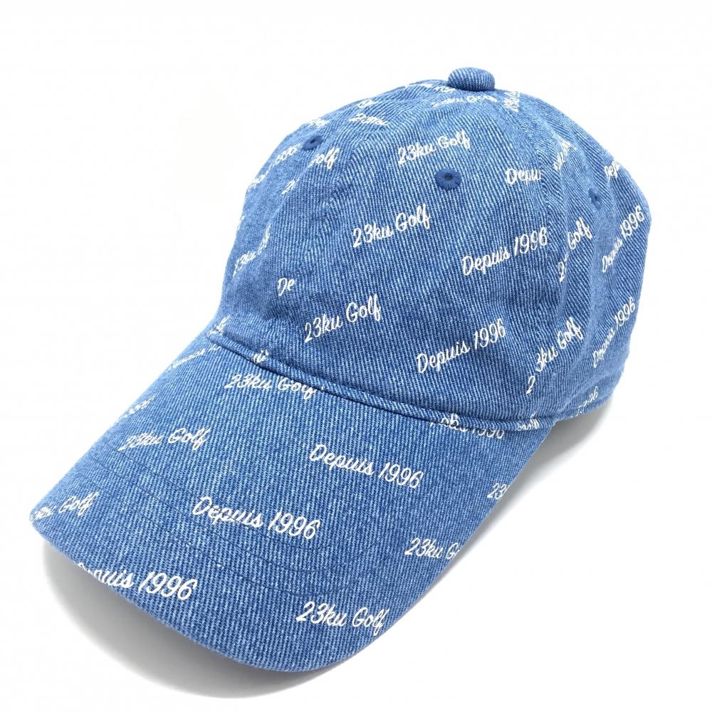 【超美品】23区 キャップ ブルー×白 ロゴ総柄 デニム地 レディース F ゴルフウェア 23区