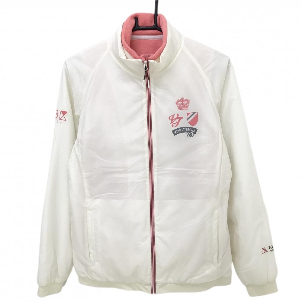 【美品】23区ゴルフ 2WAY中綿ジャケット アイボリー×ピンク 胸元プリント フリースベスト付き レディース II(L) ゴルフウェア 23区