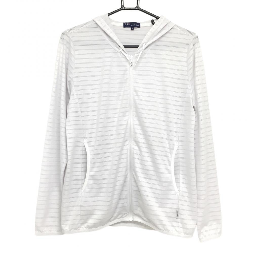 23区ゴルフ ジップパーカー 白 ボーダー透かし編み ブルゾン  レディース II(L) ゴルフウェア 23区