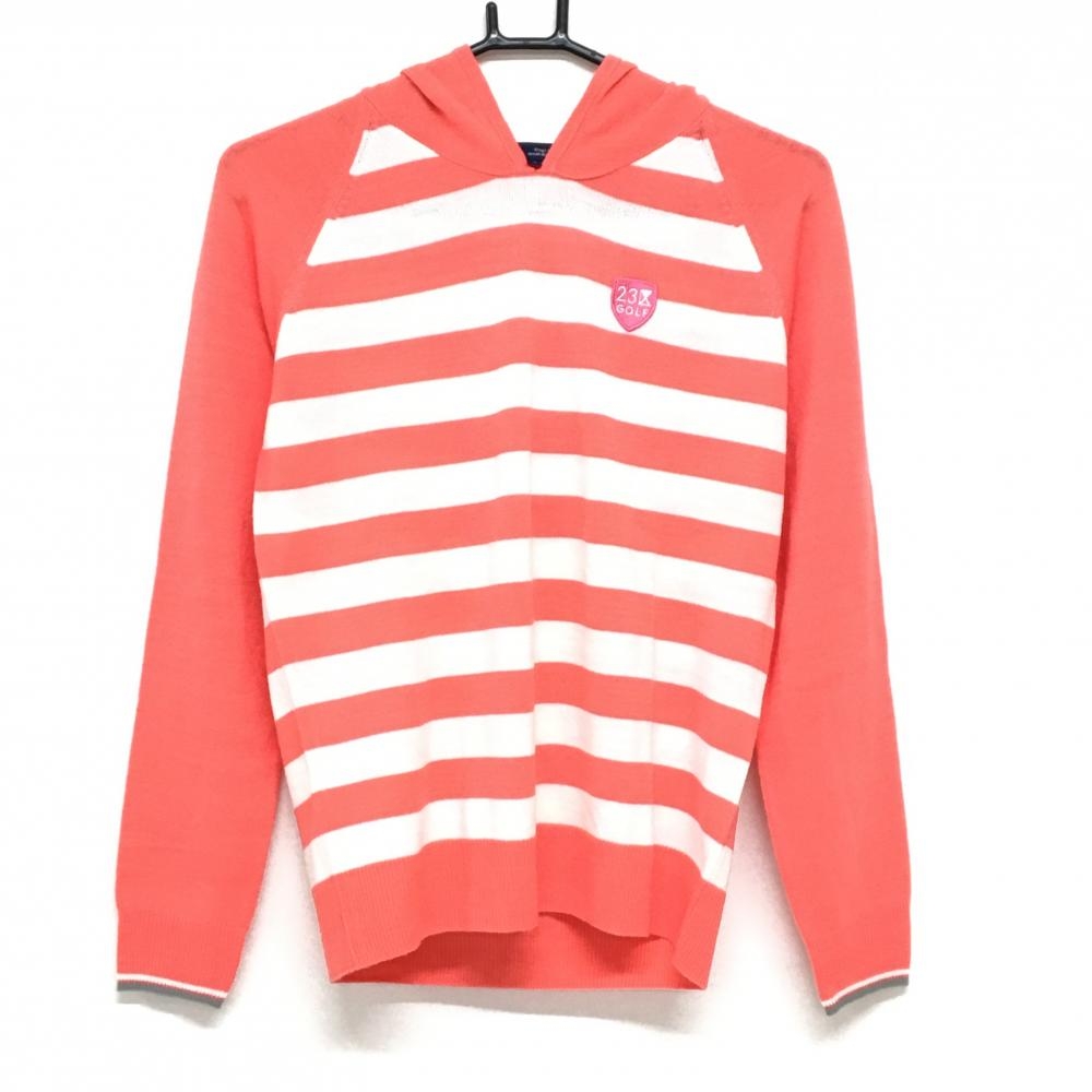 【超美品】23区ゴルフ フード付セーター サーモンピンク×白 身頃ボーダー ニット レディース II(L) ゴルフウェア 23区