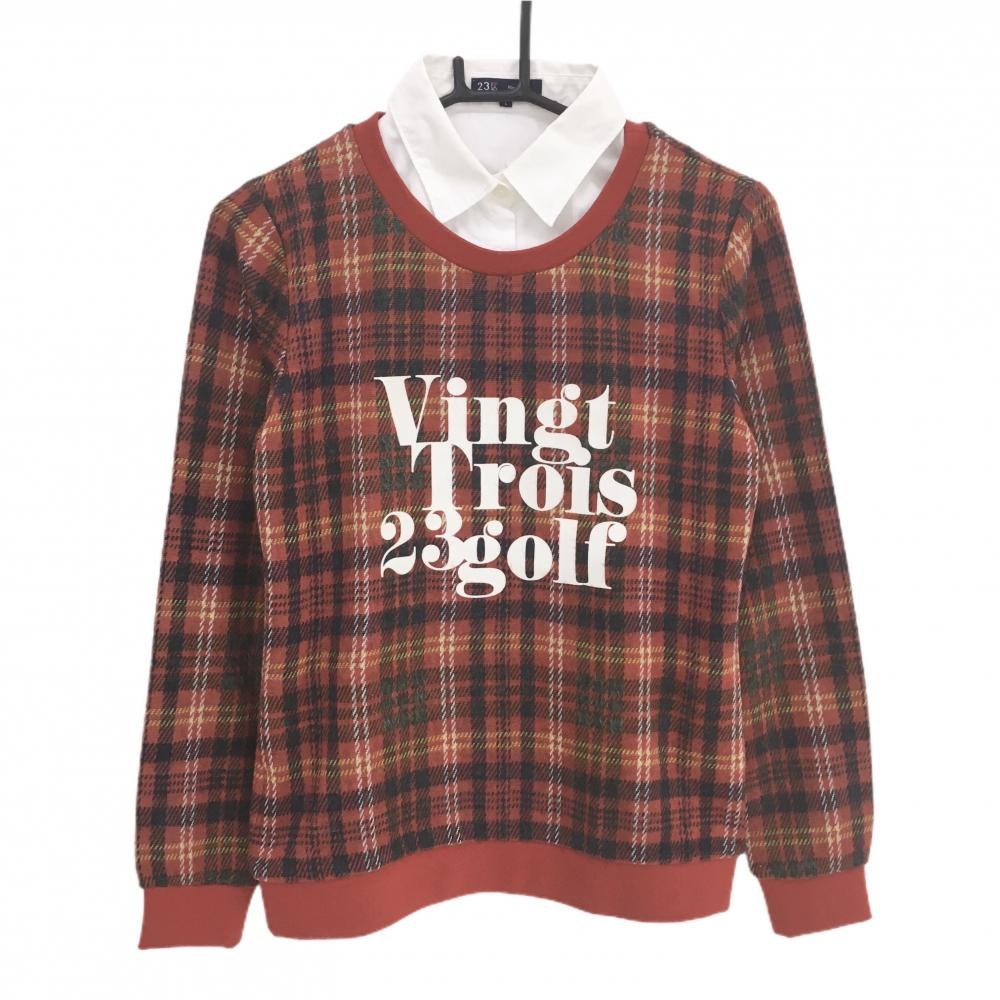 23区ゴルフ 襟付トレーナー レッド×白 チェック 微起毛 襟着脱可  レディース I(M) ゴルフウェア 23区