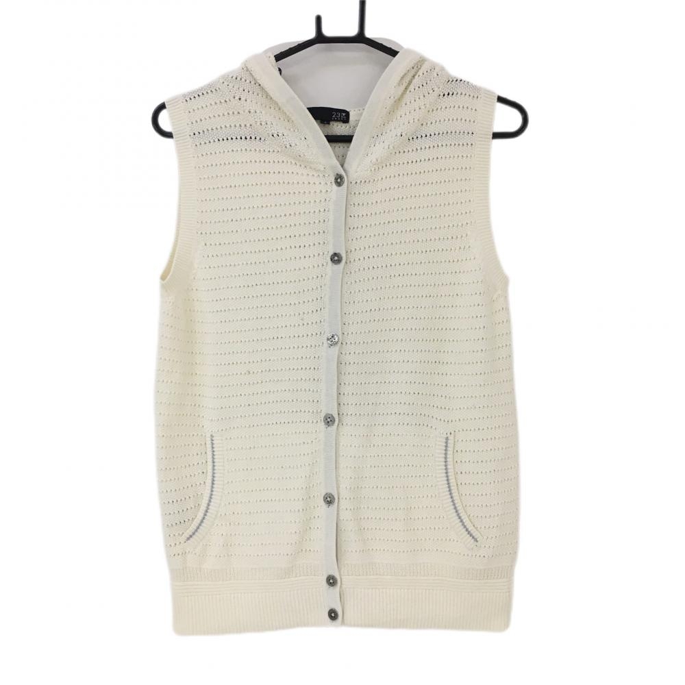 【美品】23区スポーツ フード付ベスト アイボリー 透かし編み ボタン開閉 レディース I(M) ゴルフウェア 23区