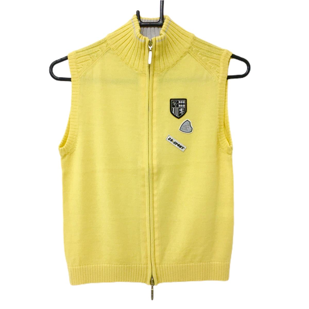 【超美品】23区ゴルフ ハイネックニットベスト イエロー 複数ワッペン ダブルジップ ウール混 レディース I(M) ゴルフウェア 23区