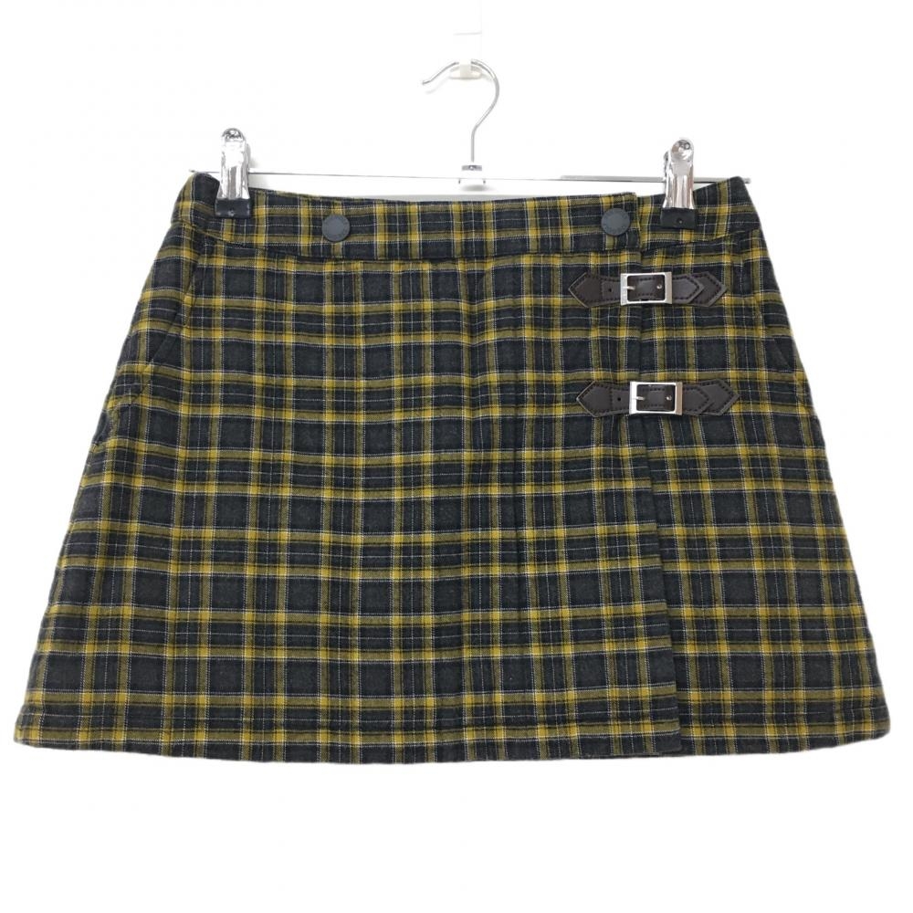 【美品】23区ゴルフ 中綿スカート グレー×イエロー チェック柄 総柄 サイドベルト レディース 0(S) ゴルフウェア 23区