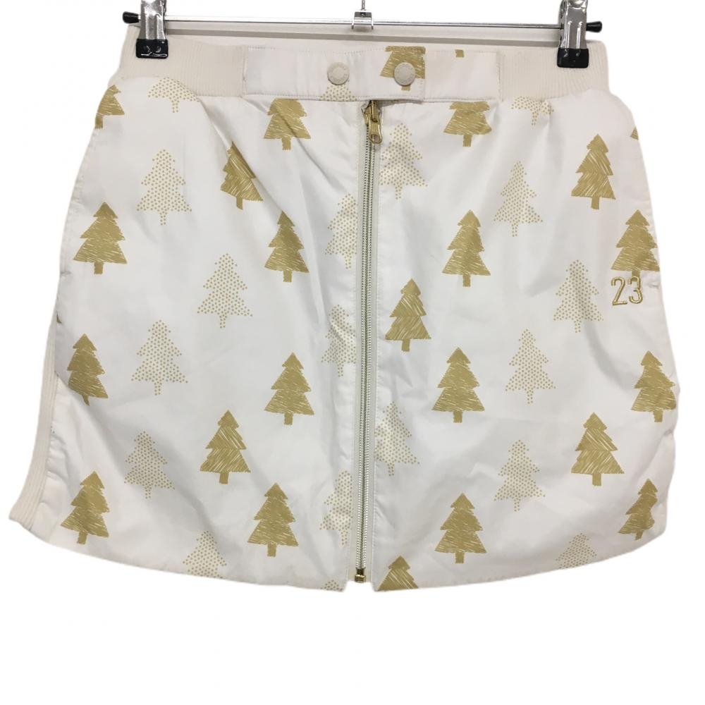 23区ゴルフ リバーシブル中綿スカート 白×イエローブラウン ツリー柄 センタージップ レディース I(M) ゴルフウェア 23区