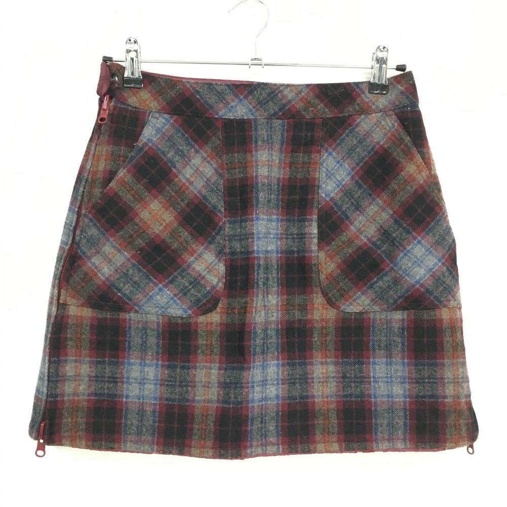 【美品】アシュワース 中綿リバーシブルスカート グレー×ワインレッド チェック柄 表ウール 裏中綿 レディース S ゴルフウェア ASHWORTH