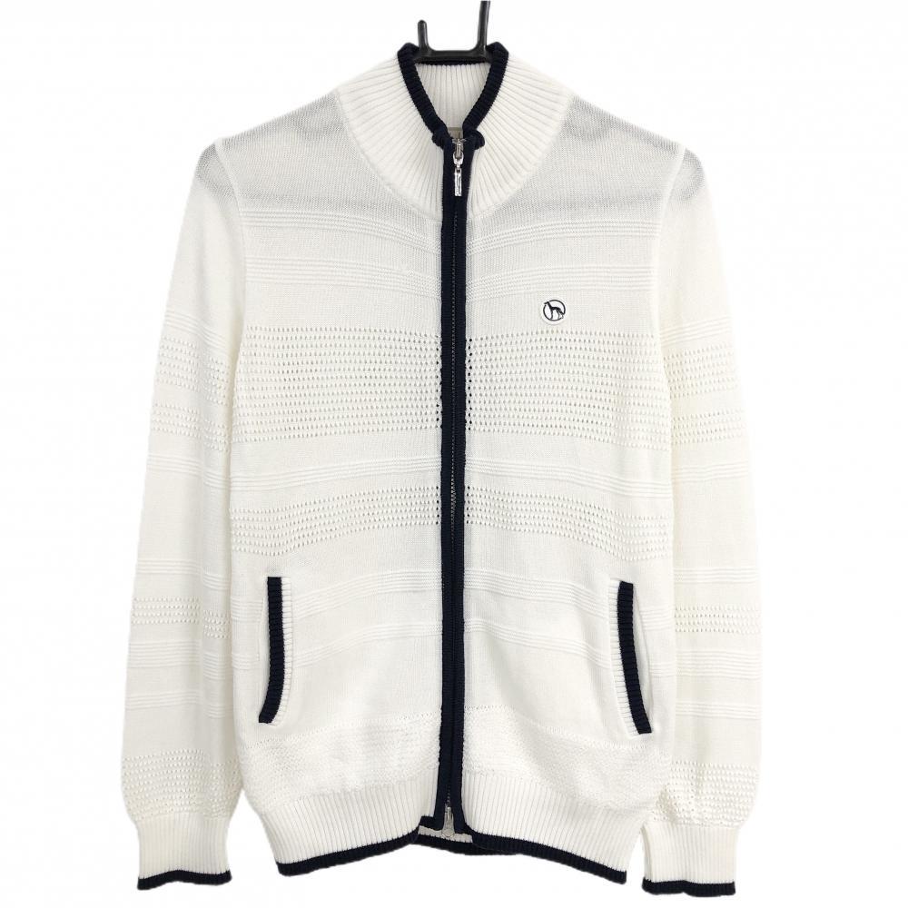 アダバット ニットブルゾン 白×ネイビー 透かし編み レディース 38(M) ゴルフウェア adabat