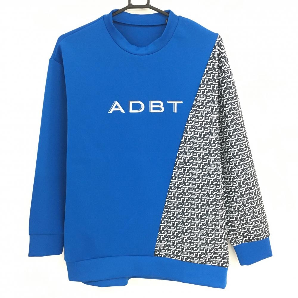 【超美品】アダバット ハイネックトレーナー ブルー×ネイビー サイド・袖英字柄 段ボールニット レディース 42(XL) ゴルフウェア adabat