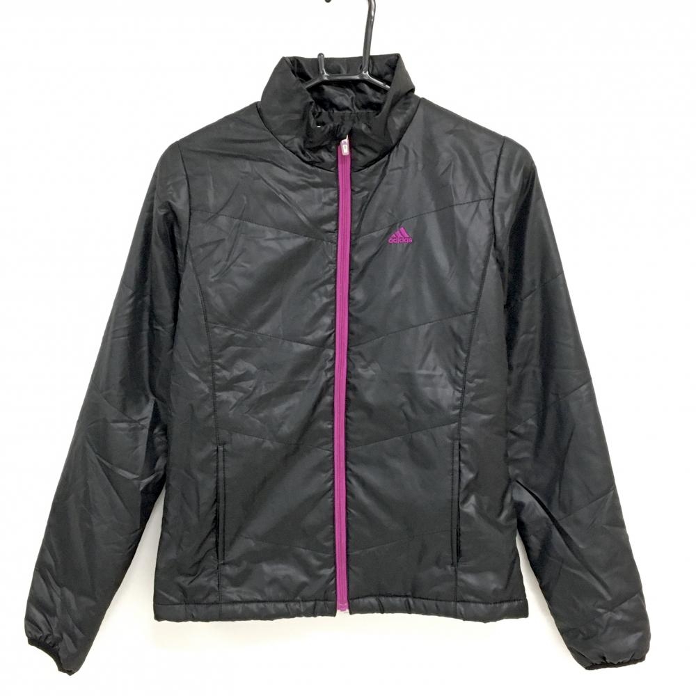【美品】アディダス 中綿ジャケット 黒×パープル 織生地　ロゴ刺しゅう 裾ドローコード レディース S/P ゴルフウェア adidas
