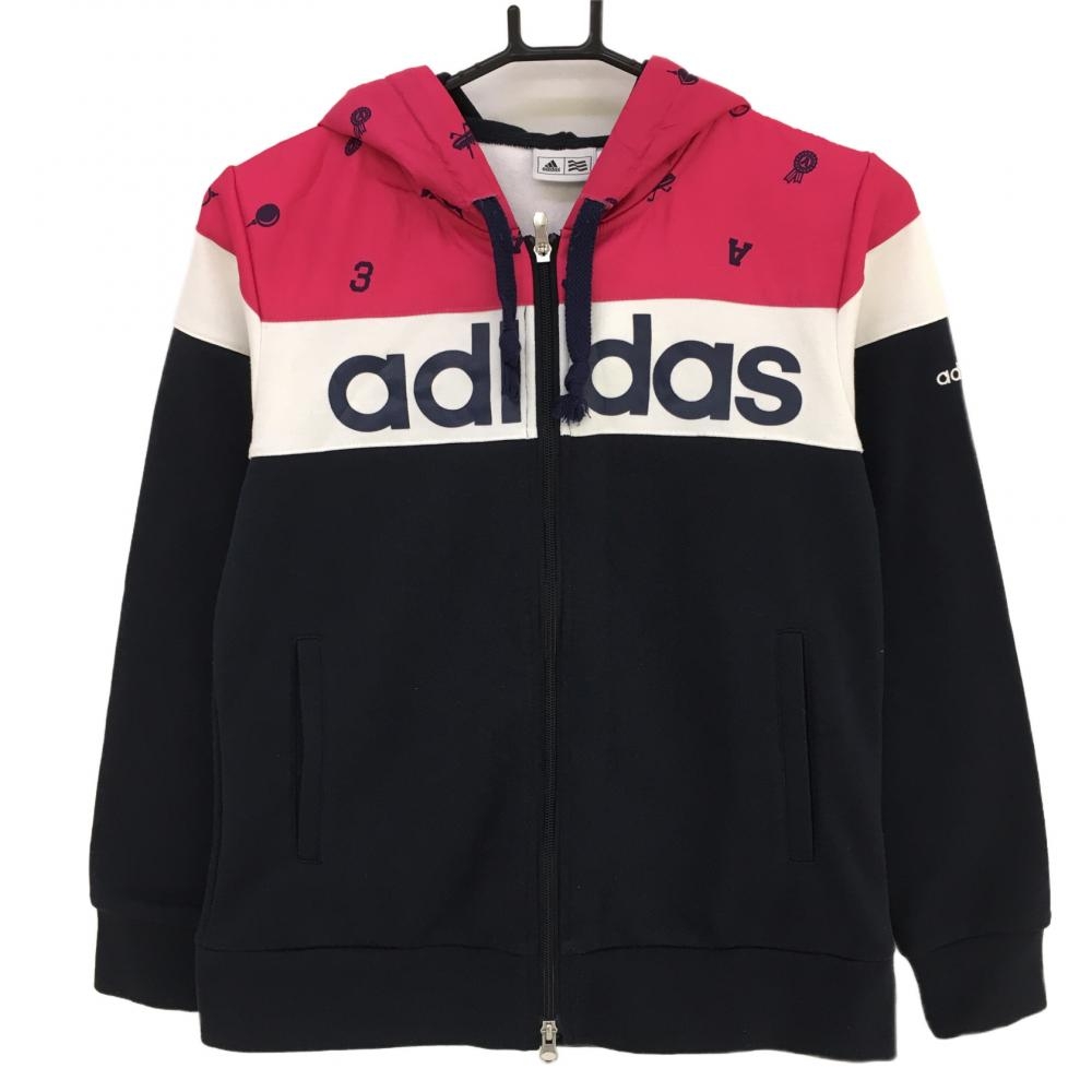 アディダス 切替ジップパーカー ネイビー×ピンク 一部総柄 フード  レディース M/M ゴルフウェア adidas